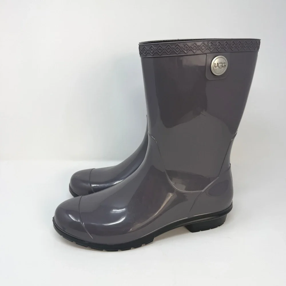 UGG Shaye Rain Boots Dark Grey Glossy Waterproof Mid Calf Boots Womens Size 9